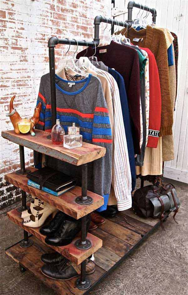 5. Salvaged Wood and Meal Pipes Assembled Into a Rack for Clothes