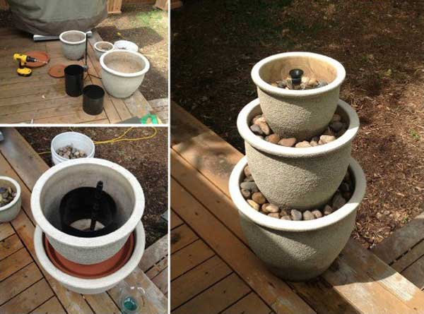 11. MULTIPLE FLOWER POTS TRANSFORMED INTO WATER FOUNTAIN