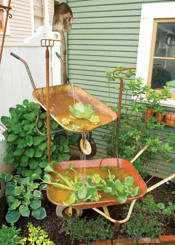 20.BEAUTIFUL RUSTIC INDUSTRIAL WHEEL BARROW WATER FOUNTAIN