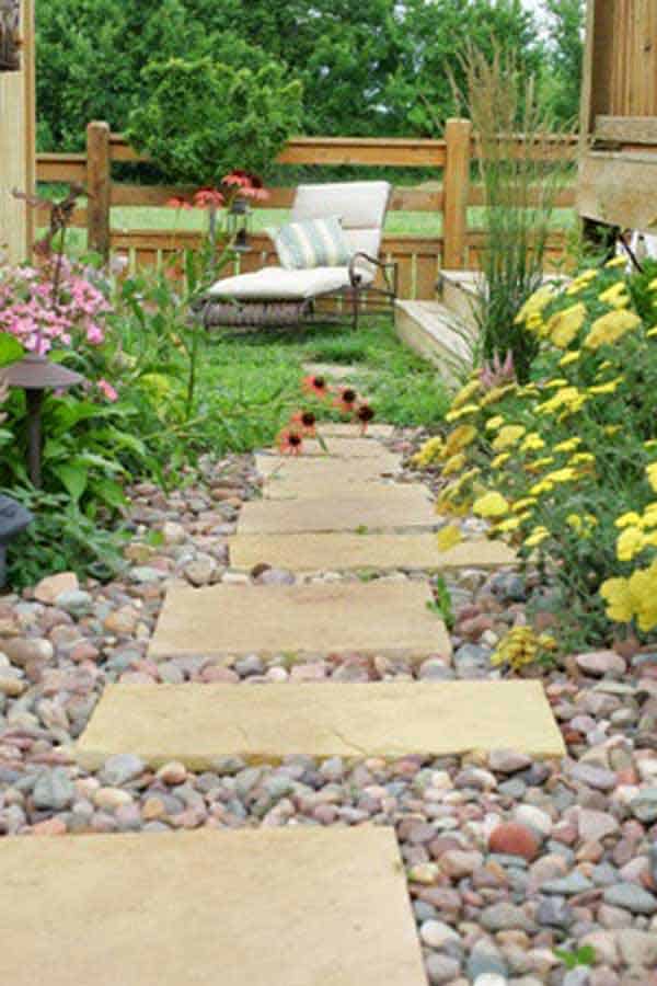 #7 River Rocks and Yellow Stepping Stone Combined With Greenery Beautifully