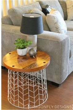 13. ADD A WOODEN SLICE TO A TRASH CAN AND VOILA A PERFECT SIDE TABLE FOR YOUR MORNING COFFEE