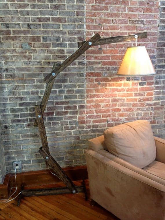 #14 Articulated wooden floor lamp using salvaged wood pieces