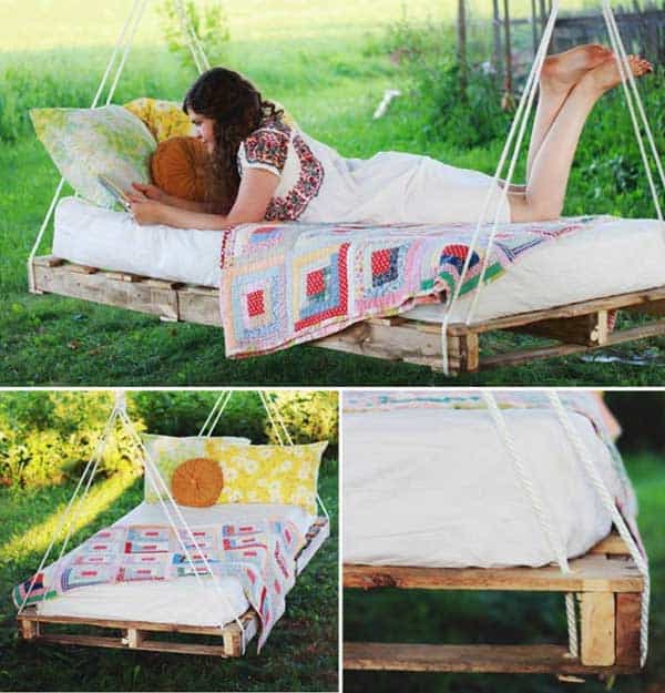 #6 two wooden pallets anchored from a tree as an outdoor bed