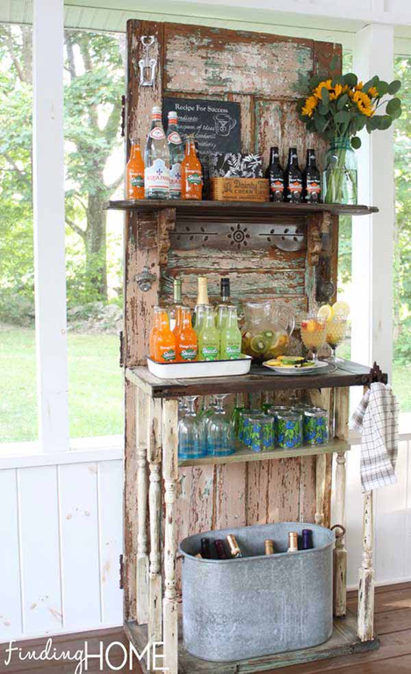 #6 USE AN OLD DOOR AND ONE SMALL TABLE TO CREATE A SHABBY CHIC BAR