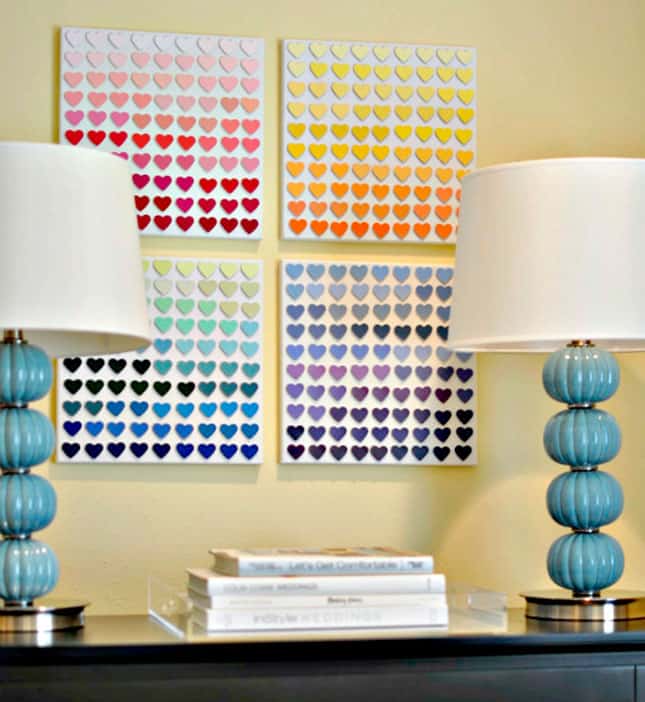 #11 THIS DIY WALL ART IDEA WAS DONE WITH PAINT CHIPS JUST BY BLENDING DIFFERENT COLORS AND TONES