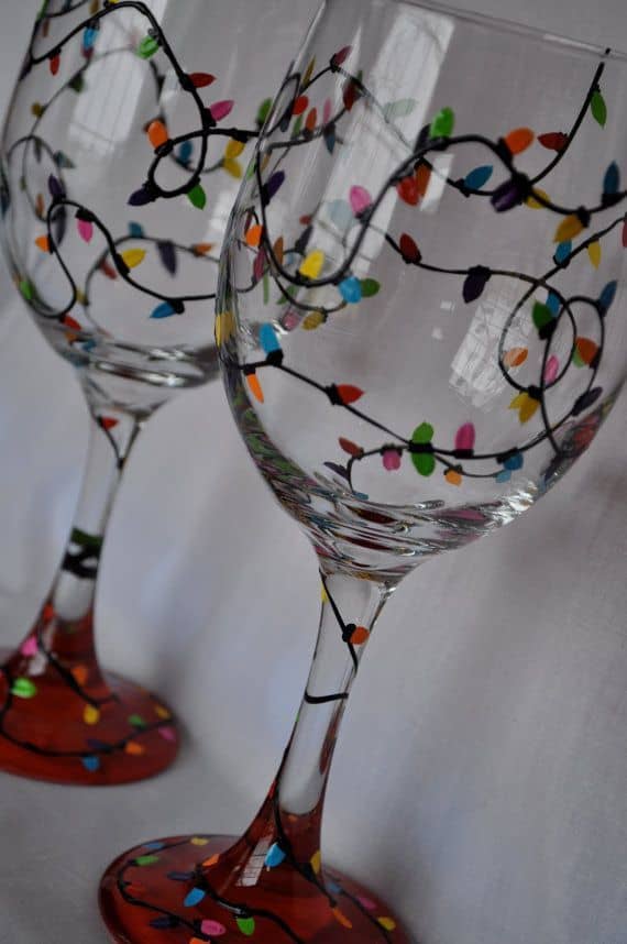 #2 HAND PAINTED CHRISTMAS LIGHTS PAINTED WINE GLASS IDEA