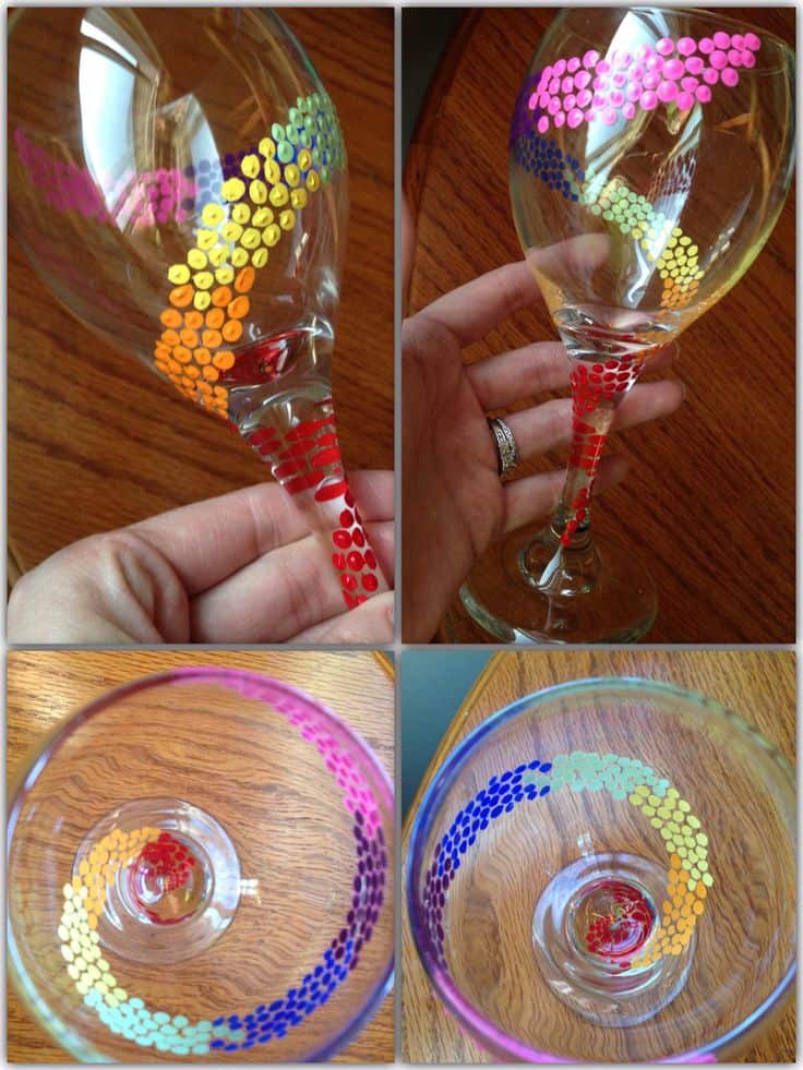 #3 RAINBOW SWIRLY DOT HAND PAINTED WINE GLASS IDEA