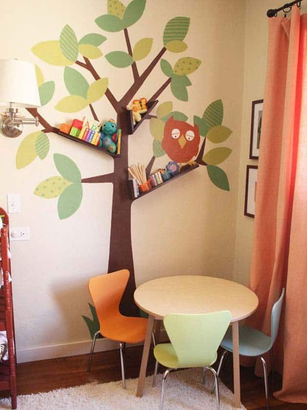 #3 CARTOONIST TREES WITH SHELFS CAN ENHANCE THE KIDS ROOM