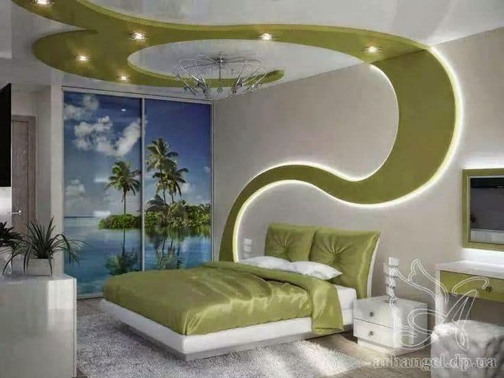 #11 CREATIVE GREEN PATTERN FALSE CEILING DESIGNS WITH DRYWALL AND LED LIGHTS
