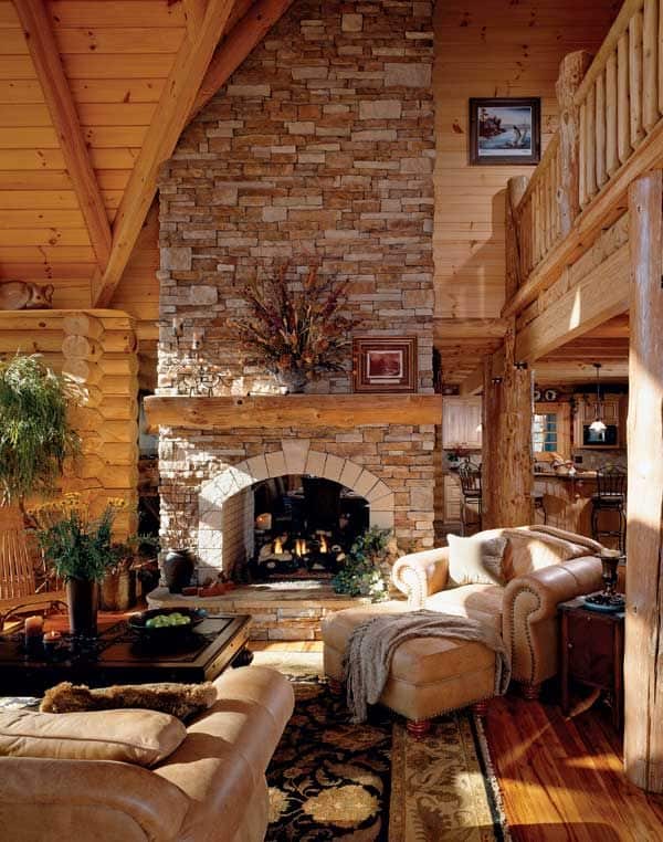 #12 FANCY LOG CABIN WITH LEATHER SOFA AND STONE FIREPLACE