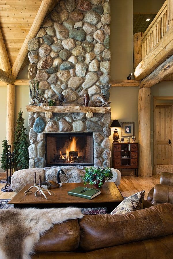 Interior, vertical, living room fireplace vignette, Adams residence, Rodney, Michigan