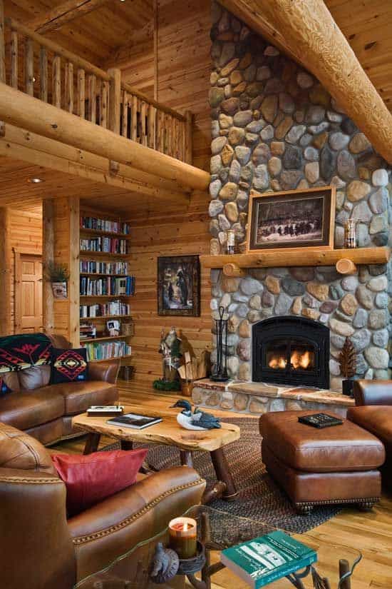 #25 ABSOLUTELY LOVE THE WOOD AND STONE WALL IN THIS LOG CABIN