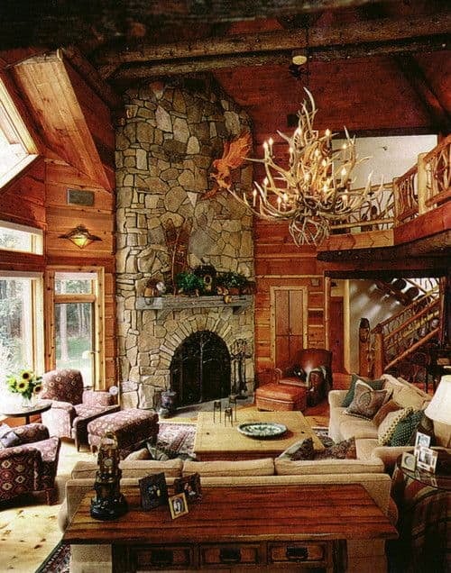#27 RED WOOD LOG CABIN WITH STONE WALL AND RUSTIC HANGING CHANDELIER