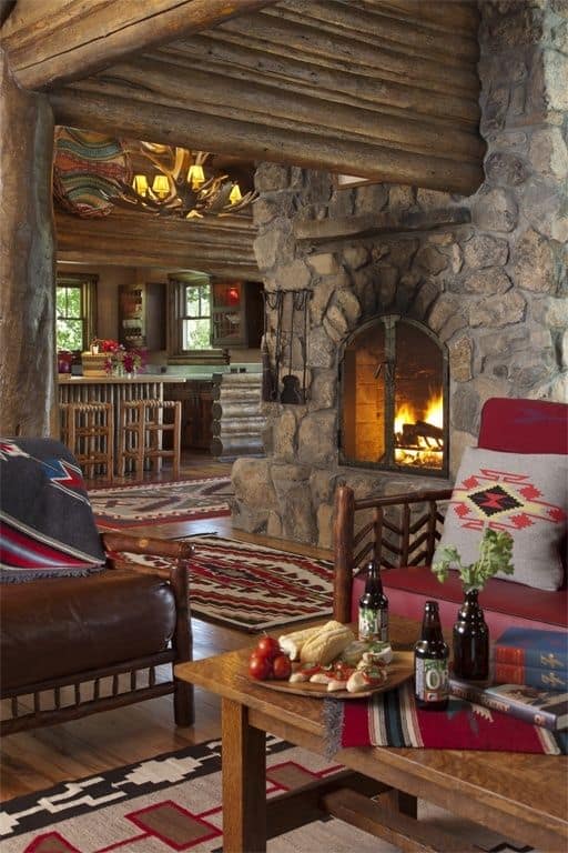 log cabin interior fireplace