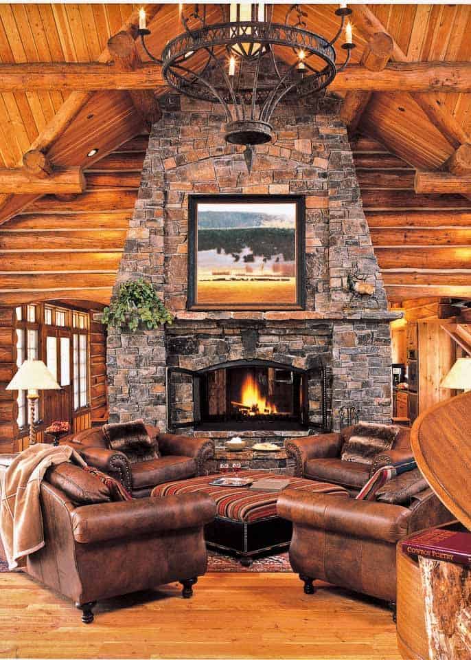#38 FLAMING FIREPLACE WITH RUSTIC CHANDELIER AMID THIS FINE WOODEN DECOR