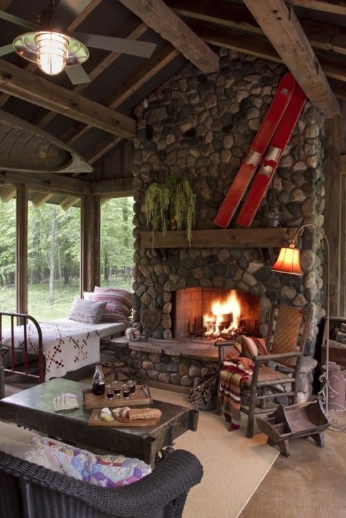 #1 SIMPLE LOG CABIN WITH BEAUTIFUL STONE WALL FIREPLACE ALL THE WAY TO THE WOODEN VAULTED CEILING