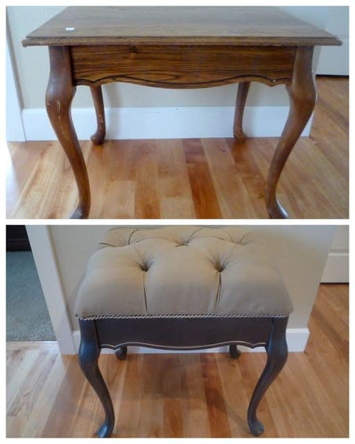 #10 an old table re-purposed into a tufted bench