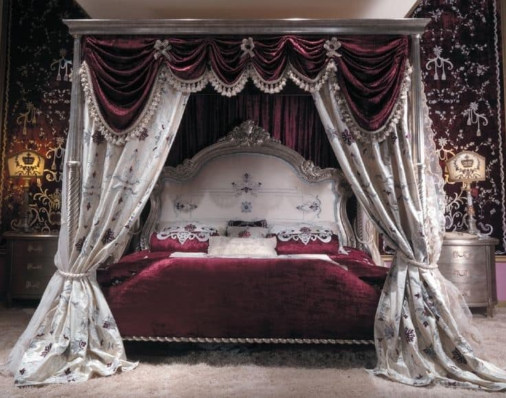 #18 redesign a bedroom with a heavily draped canopy bed that blends in with the color scheme of the room
