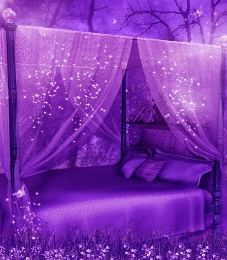 #19 visualize a canopy bed in purple colors surrounded by white Christmas lights