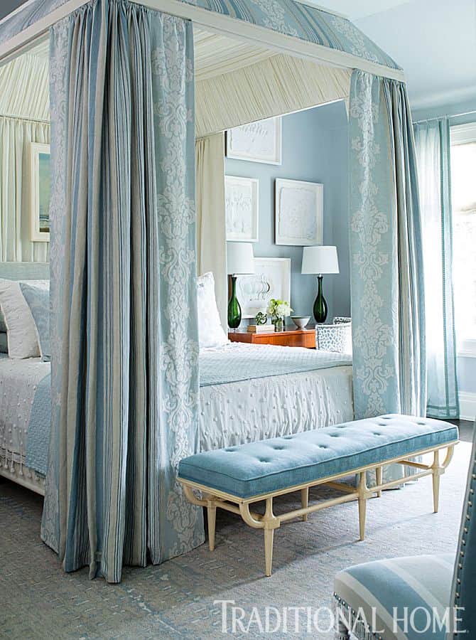 #3 Imagine a bedroom  with sky blue drapes laced with white floral print and a deep sky blue tufted stool