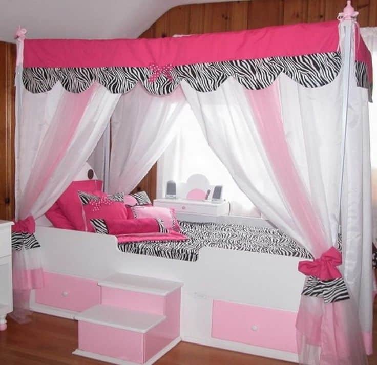 #4 brighten the décor of a bedroom with a pink and white canopy 