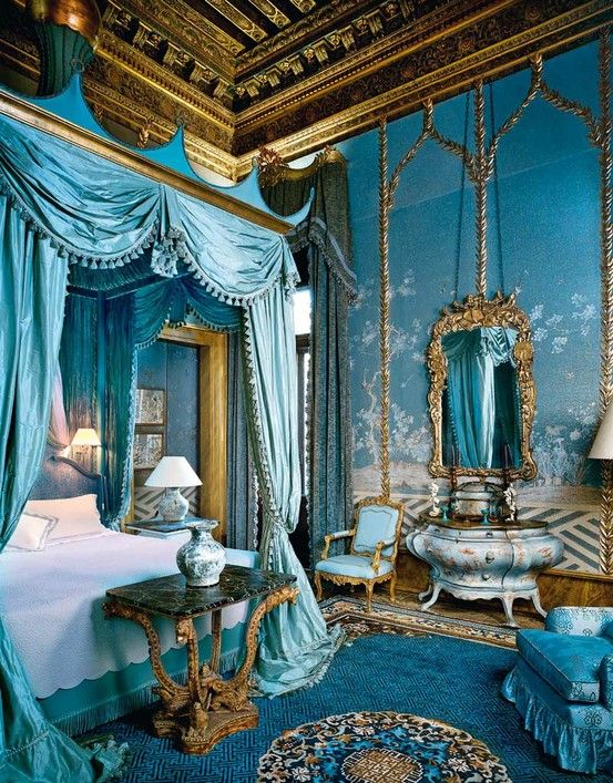 #10 create a rich looking bedroom with bright blue and gold accents on the walls and ceilings