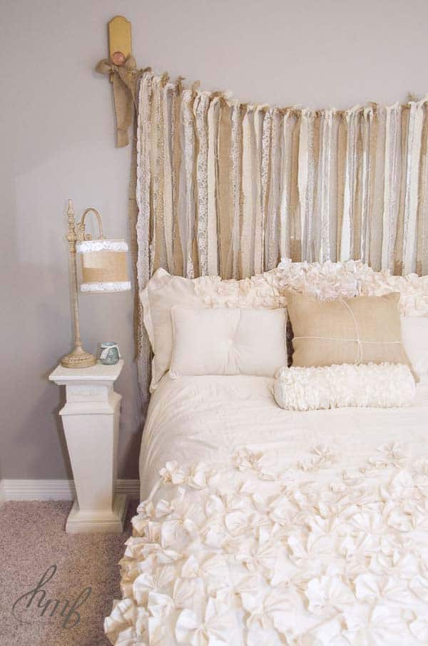 #12 BE CREATIVE AND DESIGN YOUR OWN HEADBOARD BY USING ALTERNATING BURLAP AND LACE STRIPES