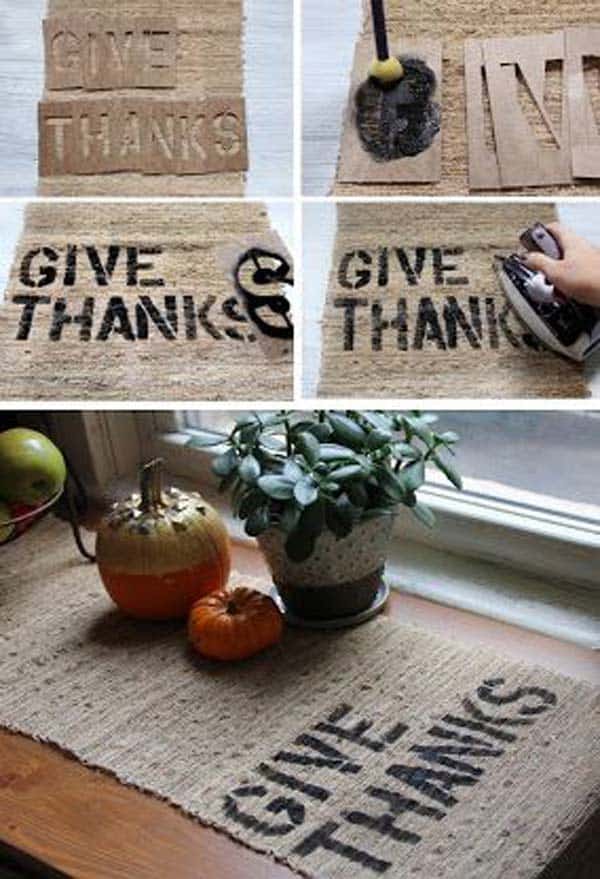 #13 CREATE A CUSTOMIZED TABLE MATH BY STENCILING A WONDERFUL MESSAGE ON AN ELEGANT BURLAP PIECE