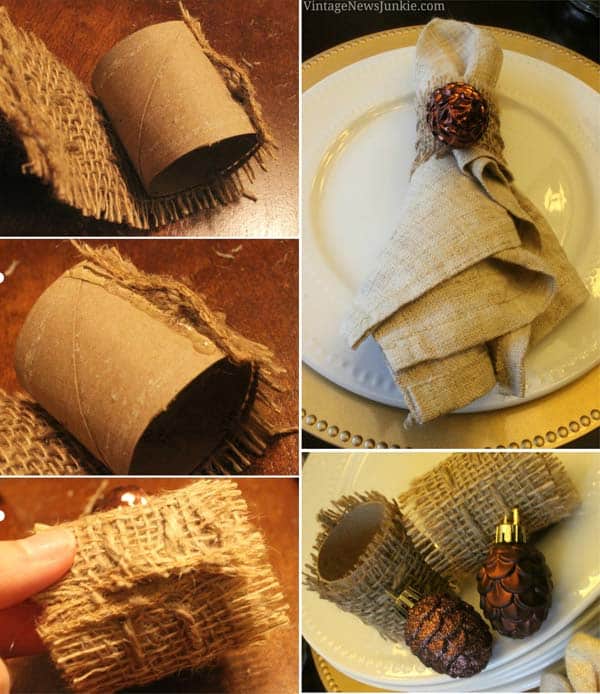 #16 USE TOILET PAPER ROLLS AND BURLAP TO CREATE NAPKIN RINGS FOR YOUR DINNER TABLE