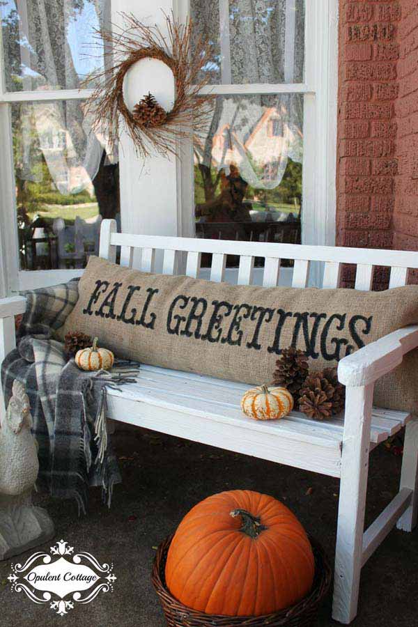 #17 ENJOY SEASON WEATHER ON YOUR PORCH WITH BURLAP COVERED PILLOWS AND FLUFFY BLANKETS