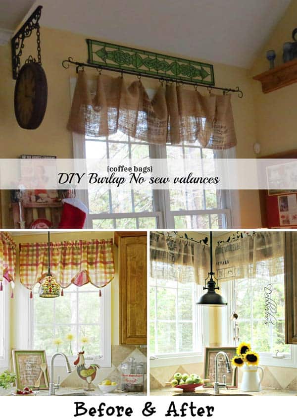 #18 ADD COZINESS TO YOUR KITCHEN DECOR BY CREATING FUN DIY BURLAP NO SEW VALANCES