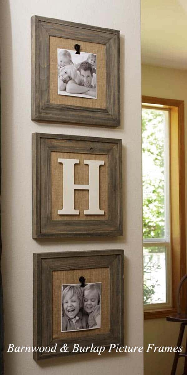 #25 BARN-WOOD AND BURLAP PICTURE FRAMES WILL ADD A COZINESS AND A HOMEY FEELING TO YOUR HOUSEHOLD