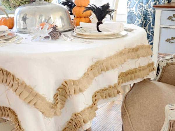 #26 TURN A SIMPLE PLAIN WHITE FABRIC TABLE CLOTH INTO SOMETHING UNIQUE BY ADDING BURLAP FINISHES
