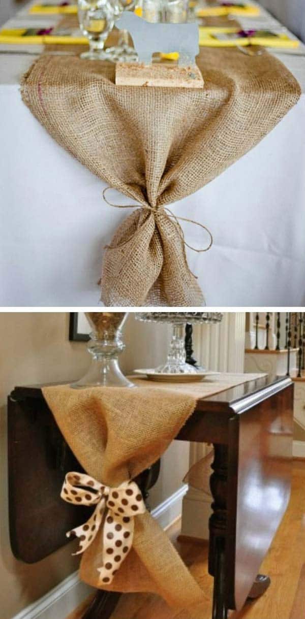 #6 A TABLE RUNNER MADE OF A NATURAL MATERIAL SUCH AS BURLAP WILL AD ELEGANCE 