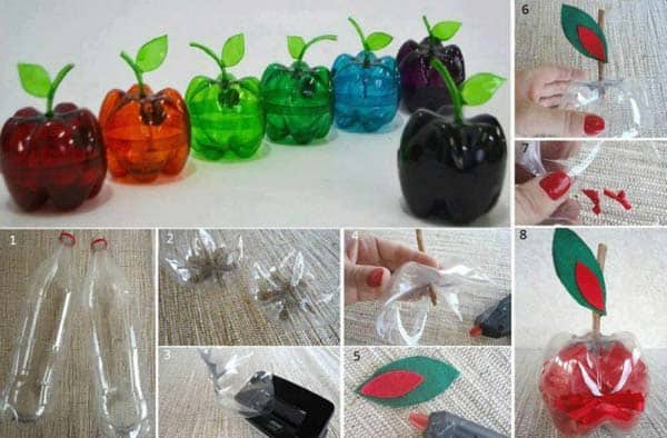 1. turn plastic bottles into artsy decorative apples