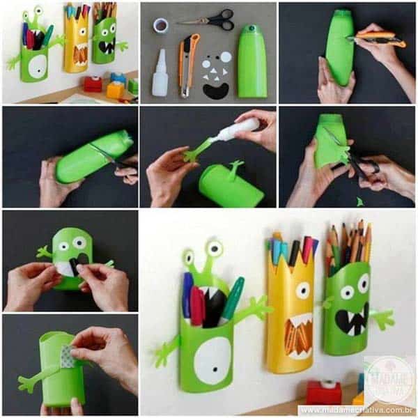 10. make plastic bottle fun for your little on'es desk area