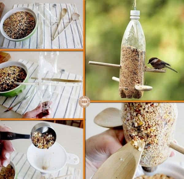 15. transform a plastic bottle into a bird feeder