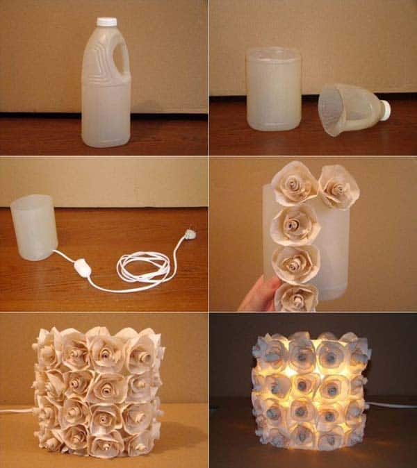 24. glue paper roses to a plastic bottle and create a lamp
