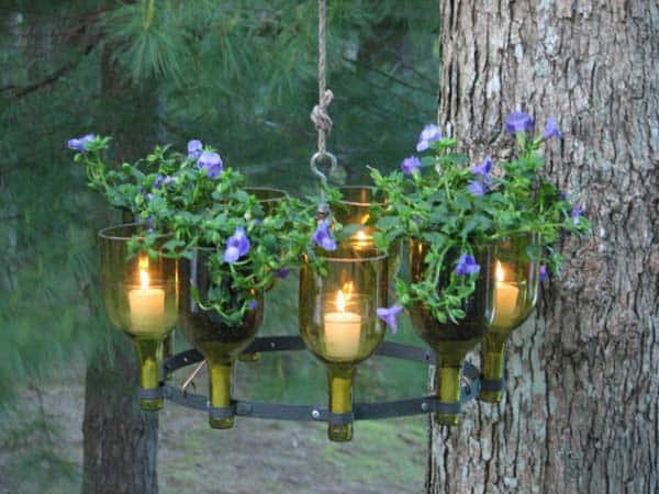 5. turn old wine bottles into a wonderful garden candle holder chandelier