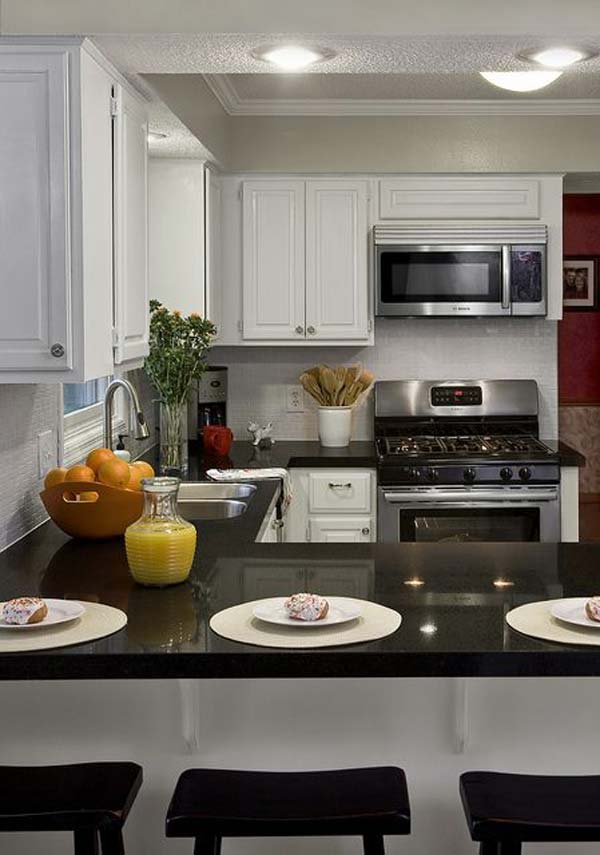 simple kitchen high end counter-tops in L-shaped layout.