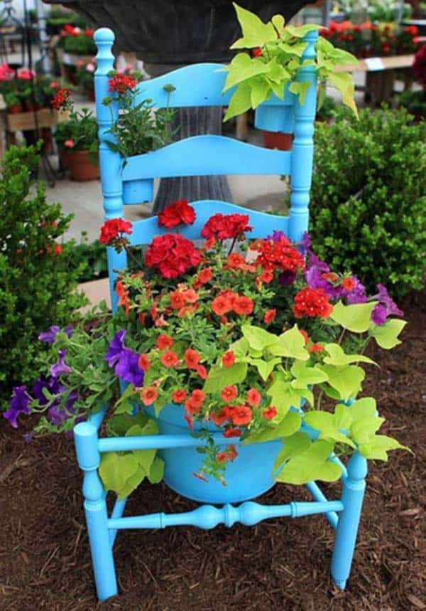#9 paint an old chair and transform it into a new flower garden ensemble