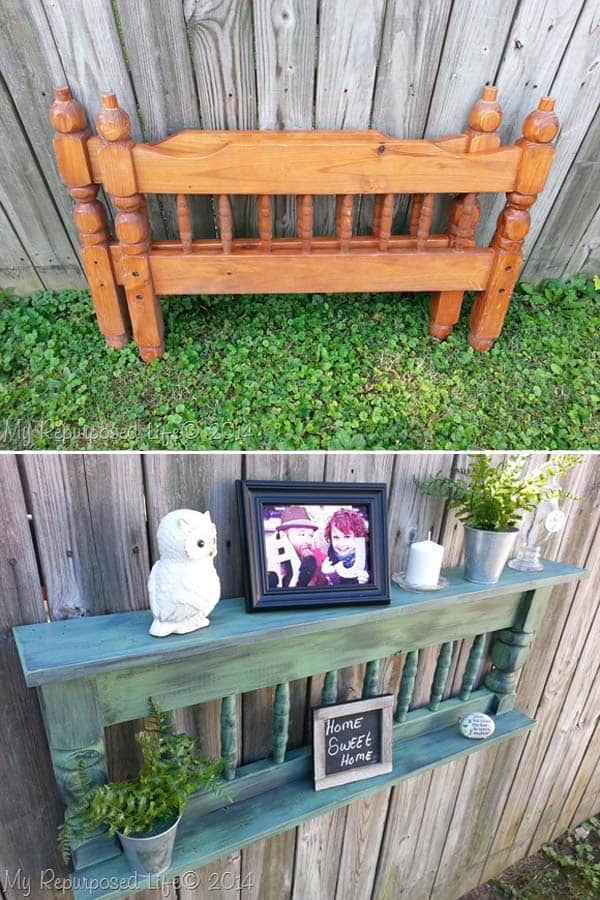 #6 create an outdoor suspended shelf out of old headboards