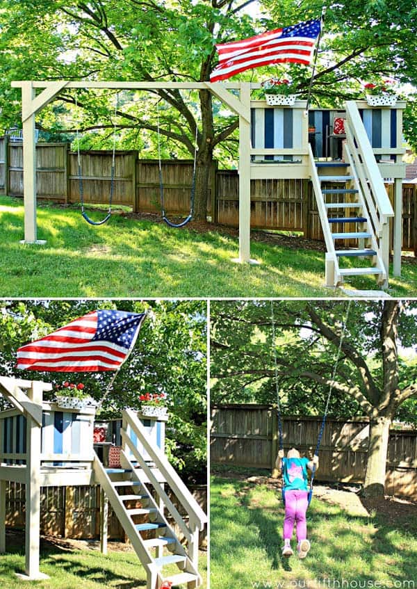 PATRIOTIC WOODEN FORT WITH SWING SET INSTALLED