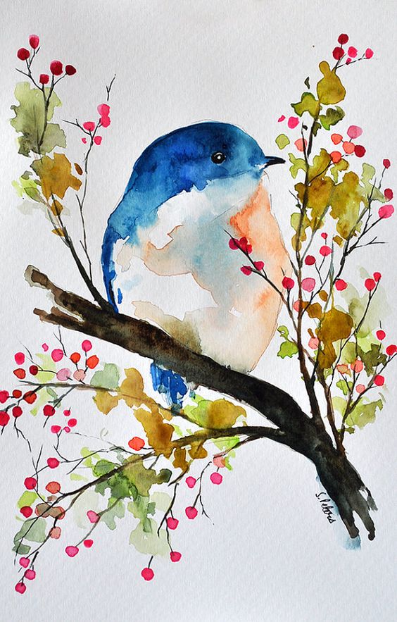 #14 CONSIDER A DRAWING OF A BLUE JEAN BIRD SITTING ON A BRANCH LADEN WITH BERRIES