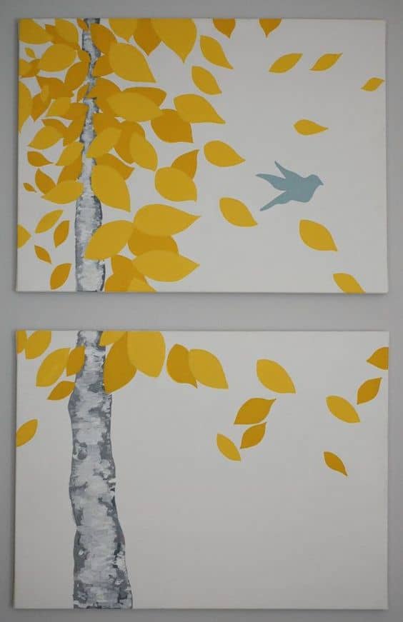 19 Easy Canvas Painting Ideas (10) #11 YELLOW LEAVES BLOWING IN THE WIND AS SEEN THROUGH A WINDOW
