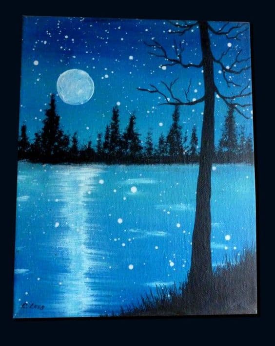 #12 CREATE A MASTERPIECE SHOWING A FULL MOON ON A STARRY NIGHT NEAR A RIVER