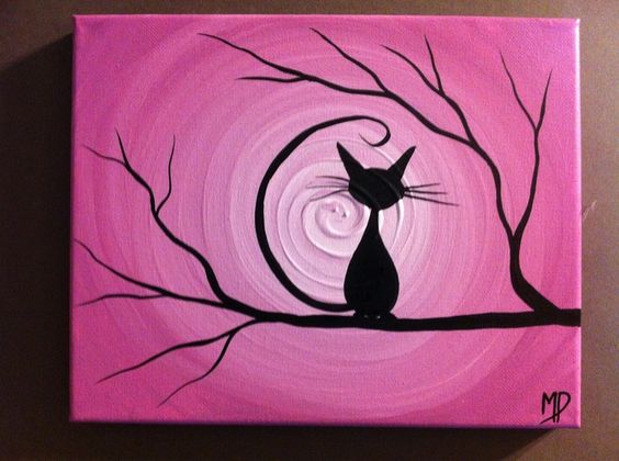  #17 INSPIRE YOURSELF TO CREATE AN IMAGE OF A BLACK CAT SITTING ON A DRY BRANCH LOOKING INTO A PINK SKY Canvas Painting Ideas (16)
