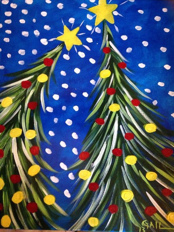 #6 ENVISION TWO CHRISTMAS TREES WITH A STAR AT THE TOP OF EACH AGAINST A BLUE SKY ON A SNOWY NIGHT