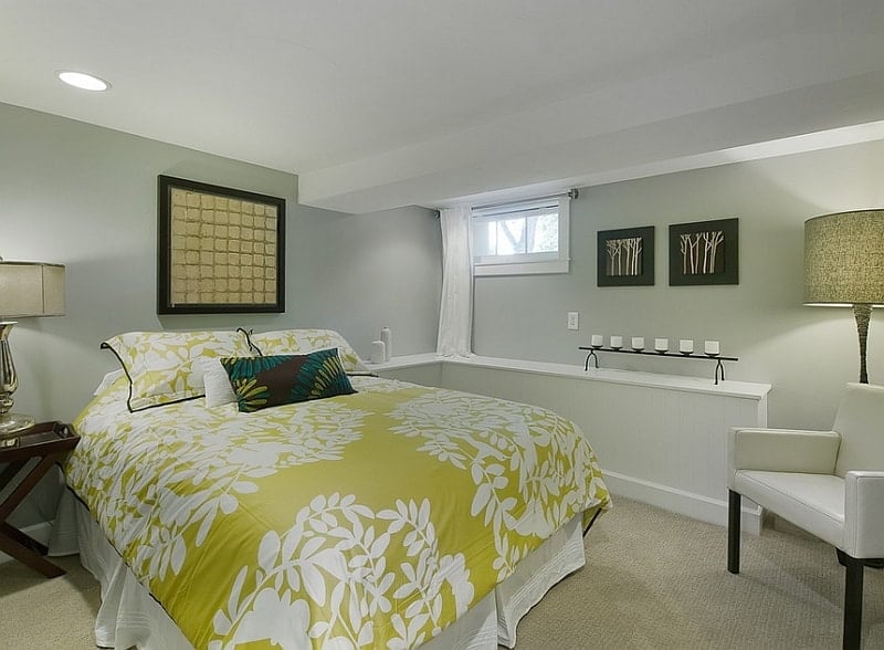 Basement-bedroom-with-a-white green design scheme