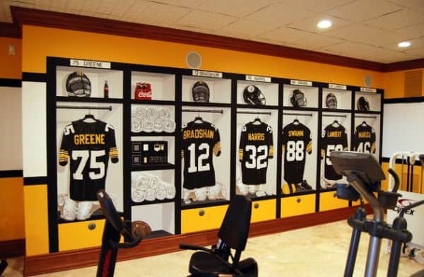 Wall mural inside a home gym illustrating Pittsburgh Steelers 1970’s Locker Room